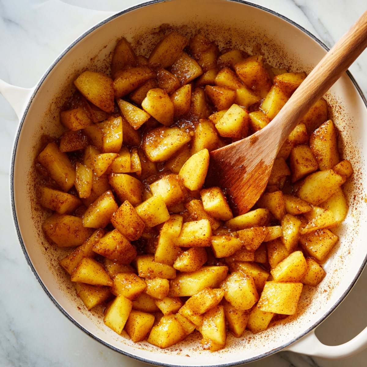 Apples cooking in a pot with cinnamon and sugar, being stirred with a wooden spoon for a homemade vegan apple pie.
