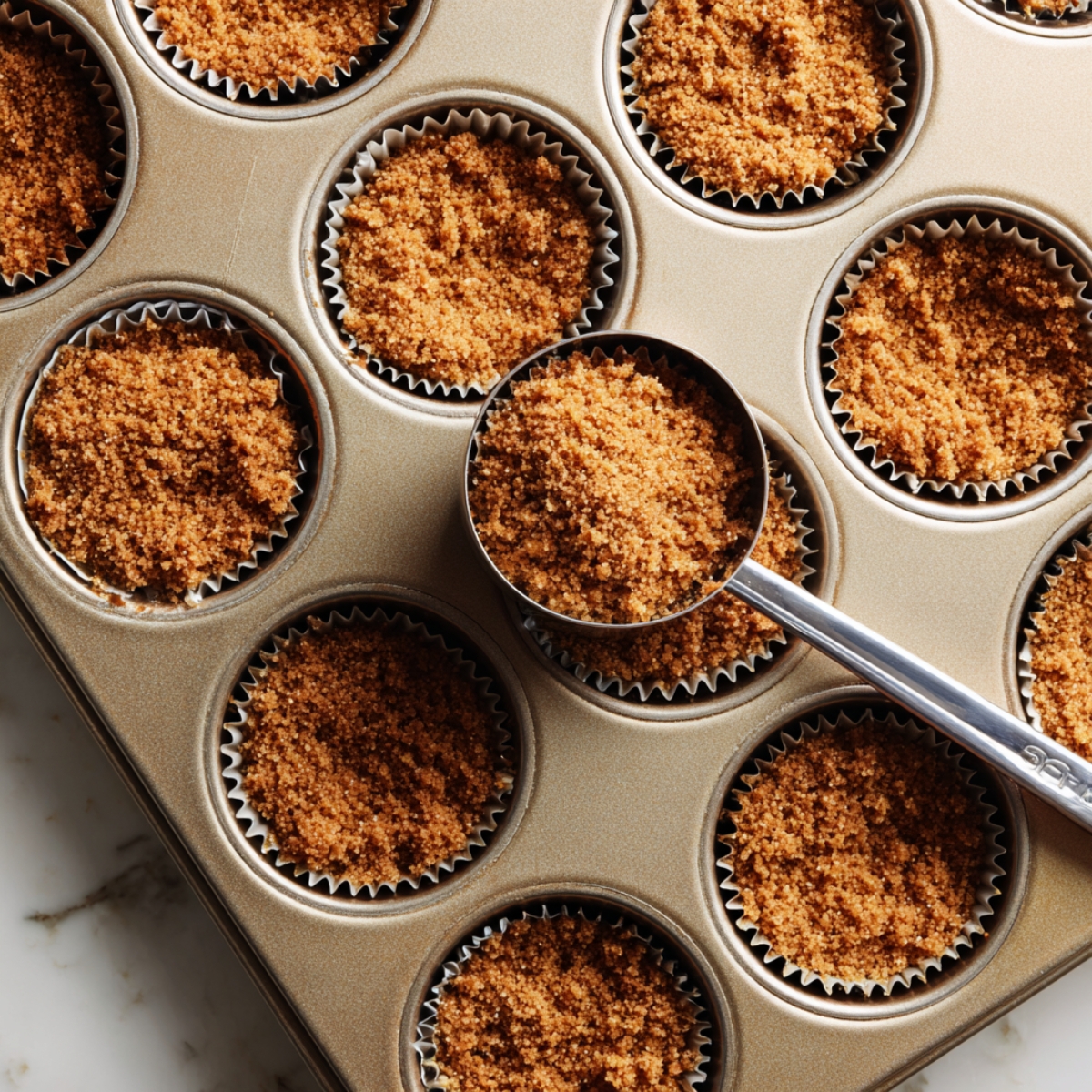 A muffin tin lined with paper cups filled with graham cracker crust mixture for homemade crème brûlée cheesecake cupcakes, with a measuring spoon adding crumbs to one cup.