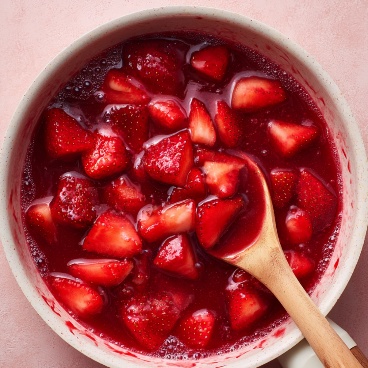 Fresh strawberries simmering in a pot of homemade strawberry sauce.