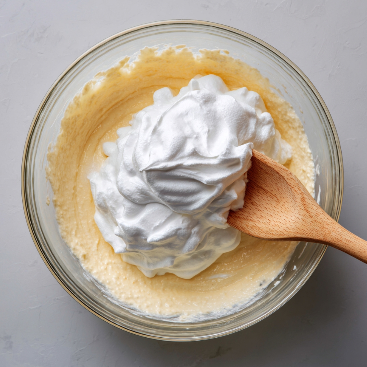 Fluffy whipped egg whites being folded into homemade lemon cake batter in a glass bowl.