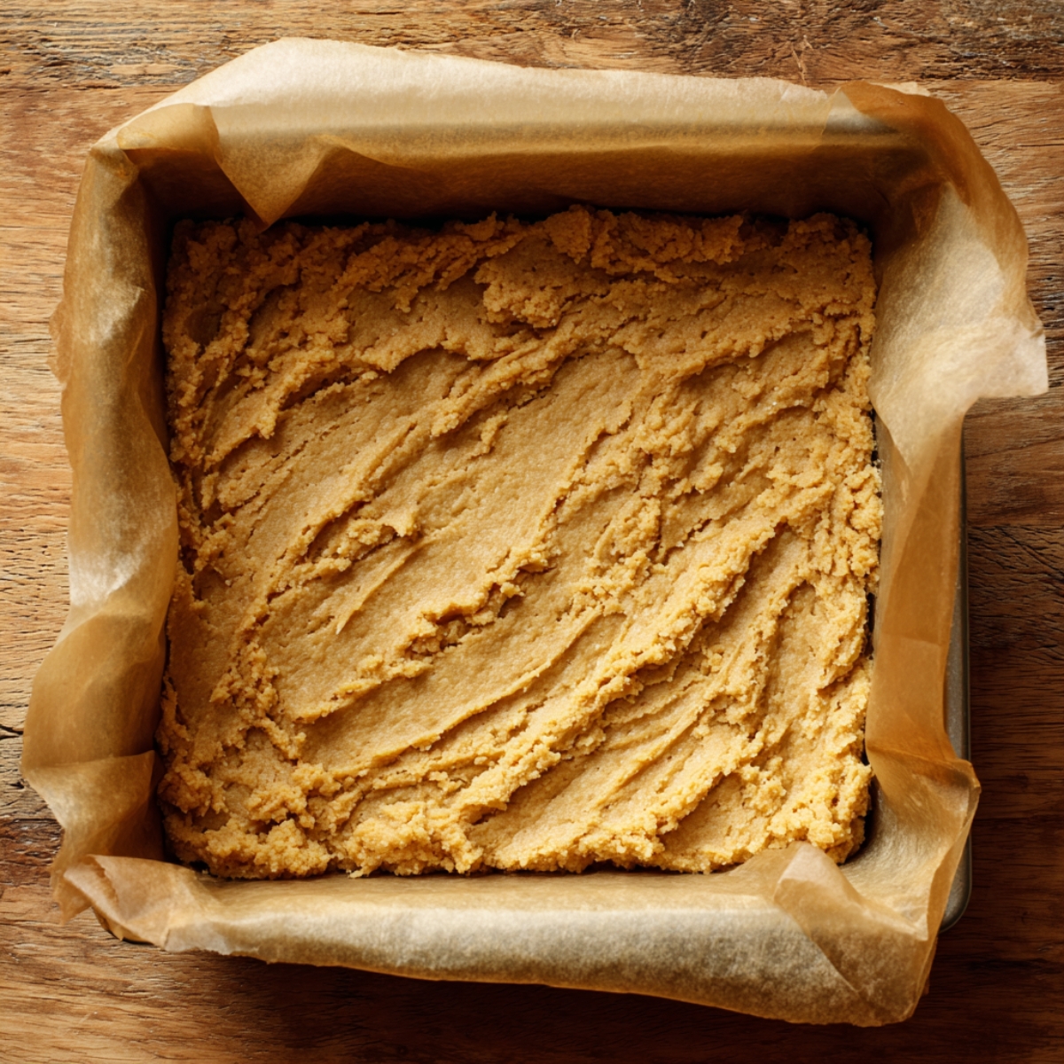 Homemade blondie batter spread evenly in a parchment-lined square baking pan, ready to be topped and baked.