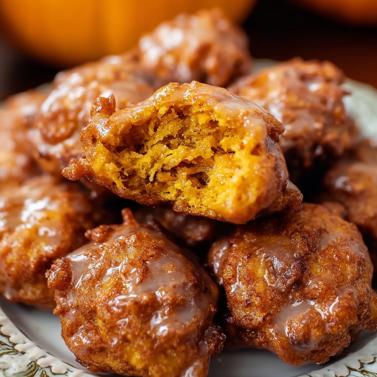 Pumpkin Fritters stacked on a rustic plate, showing their golden-brown crispy exterior and soft orange pumpkin interior with a light glaze on top, captured in warm natural lighting for a cozy, homemade feel.