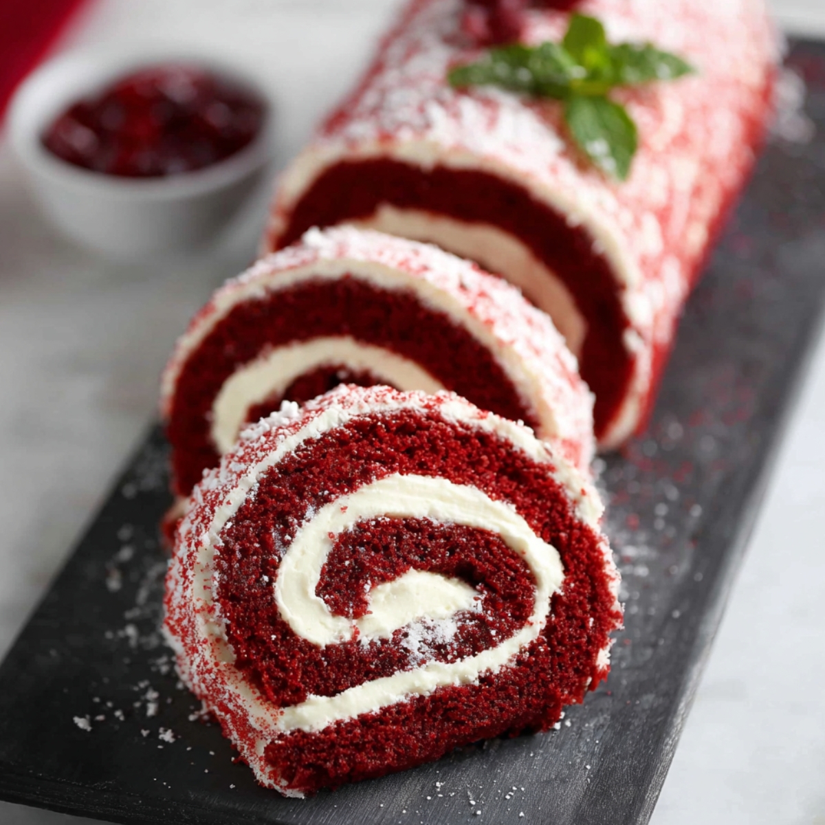 Close-up of a homemade Christmas red velvet cake roll sliced on a dark serving board, showing its vibrant red sponge and thick swirl of creamy white filling, lightly dusted with powdered sugar.