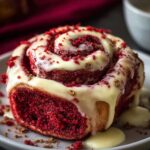Freshly baked homemade red velvet cinnamon rolls topped with creamy vanilla icing and brown sugar crumbs, served warm on a white plate.