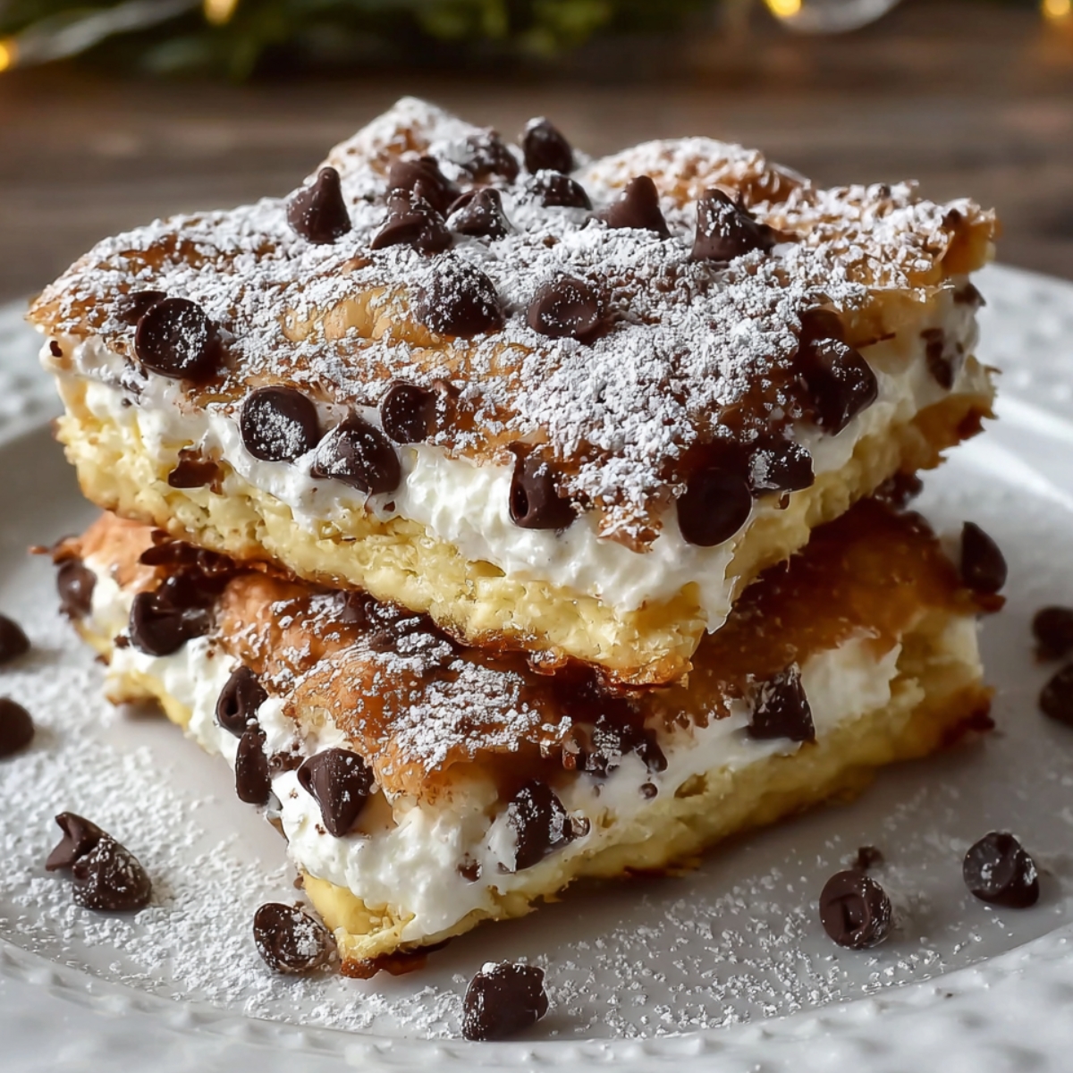 Ricotta Cannoli Squares layered with flaky pastry, creamy ricotta filling, and mini chocolate chips, dusted with powdered sugar on a white plate.