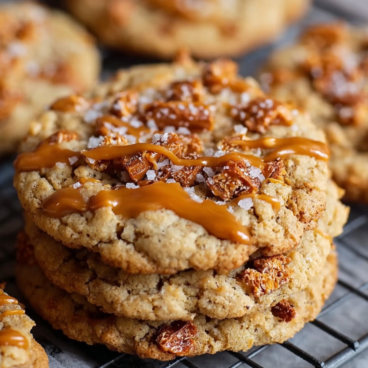 Homemade salted caramel crunch cookies topped with caramel drizzle, crunchy caramel bits, and flaky sea salt cooling on a wire rack.