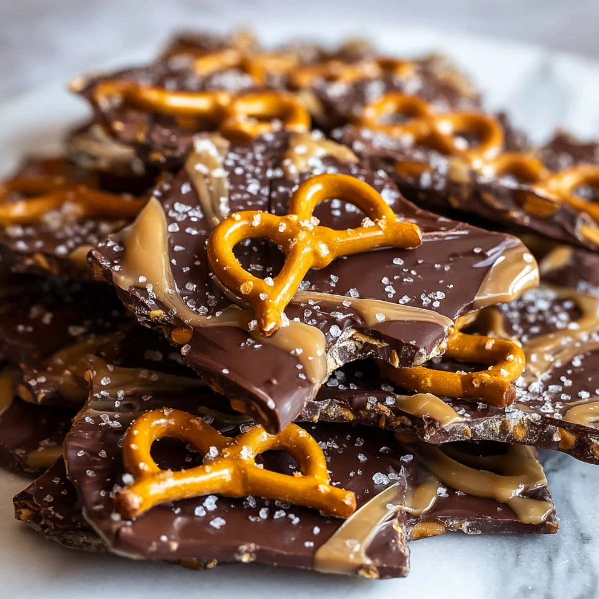 Close-up photo of homemade salted caramel pretzel bark, showing jagged pieces of dark chocolate coated in gooey caramel, topped with whole crunchy pretzels and sprinkled with flaky sea salt.