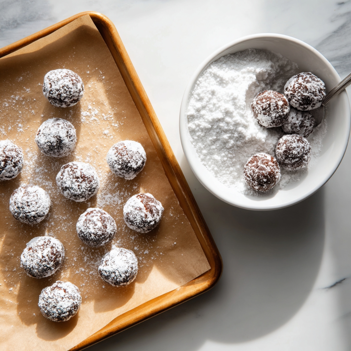Homemade chocolate crinkle cookie dough balls being coated in powdered sugar, arranged on a parchment-lined baking sheet beside a white bowl of sugar on a marble countertop.