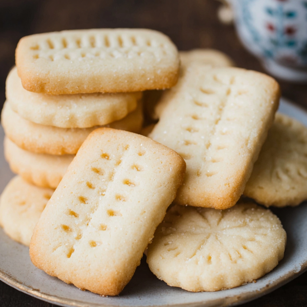Shortbread Cookies on a plate, lightly golden with a dusting of sugar and traditional fork-docked holes.
