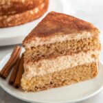 Homemade Snickerdoodle Cake with cinnamon buttercream frosting and a dusting of cinnamon sugar on top.