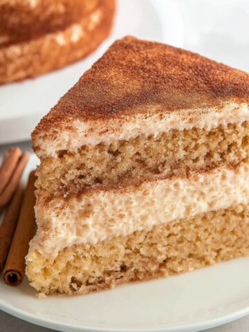 Homemade Snickerdoodle Cake with cinnamon buttercream frosting and a dusting of cinnamon sugar on top.