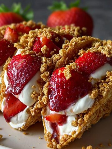 Strawberry Crunch Cheesecake Tacos filled with creamy cheesecake, fresh strawberries, and coated in golden cookie crumble.