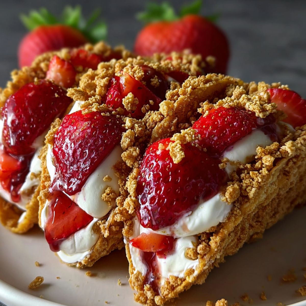 Strawberry Crunch Cheesecake Tacos filled with creamy cheesecake, fresh strawberries, and coated in golden cookie crumble.