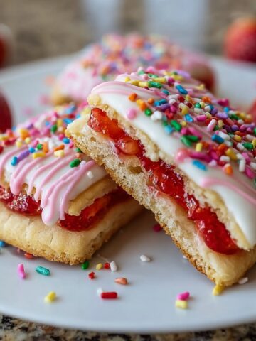 Homemade Strawberry Pop Tart Sugar Cookies topped with white icing, pink drizzle, and rainbow sprinkles, showing a gooey strawberry filling in the center.