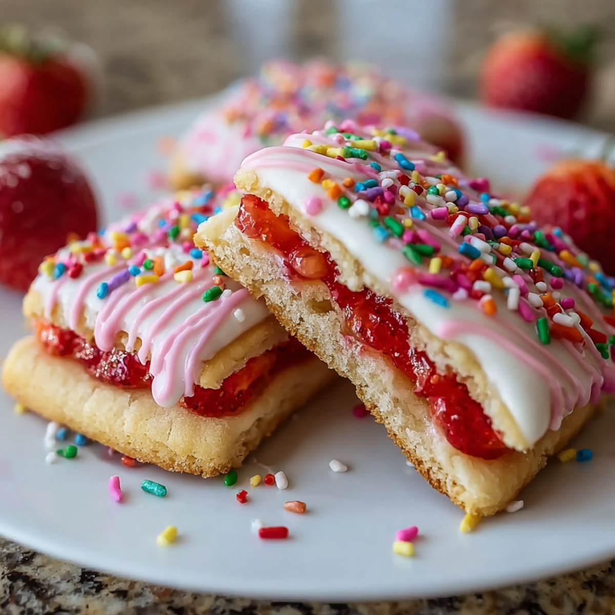 Homemade Strawberry Pop Tart Sugar Cookies topped with white icing, pink drizzle, and rainbow sprinkles, showing a gooey strawberry filling in the center.