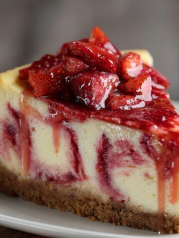 Strawberry Swirl Cheesecake topped with fresh strawberry sauce on a graham cracker crust.