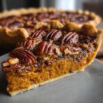 Slice of homemade sweet potato pecan pie with a golden crust, creamy orange filling, and glossy toasted pecans on top, served on a plate.
