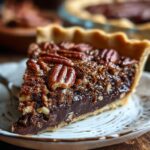 Texas Chocolate Pecan Pie with a thick layer of melted chocolate and toasted pecans on top, served on a ceramic plate.