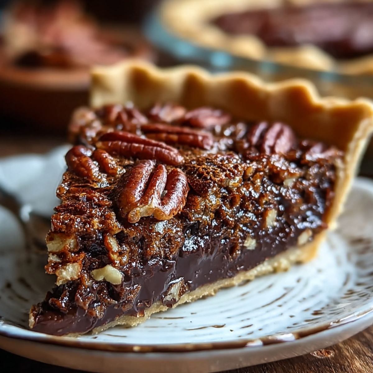 Texas Chocolate Pecan Pie with a thick layer of melted chocolate and toasted pecans on top, served on a ceramic plate.