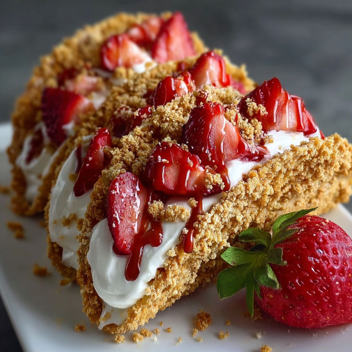 Homemade strawberry crunch cheesecake tacos filled with creamy cheesecake and topped with glazed strawberries and golden crumble.