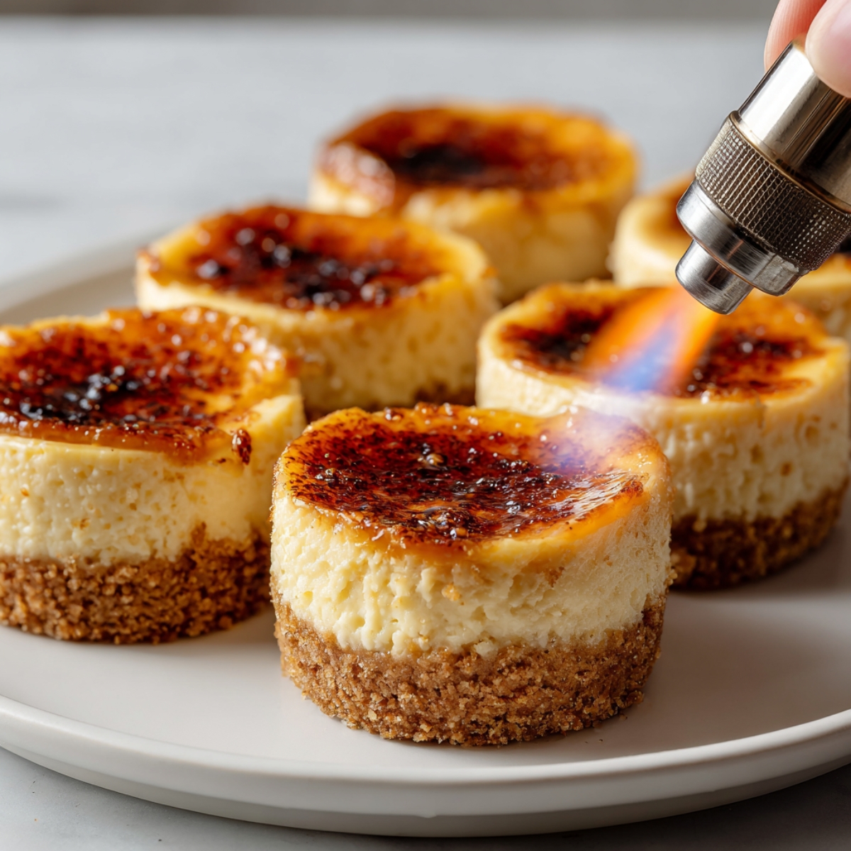 Mini crème brûlée cheesecake cupcakes on a white plate being torched to caramelize the sugar topping, creating a golden brown, crackly surface over the creamy cheesecake and graham cracker crust.