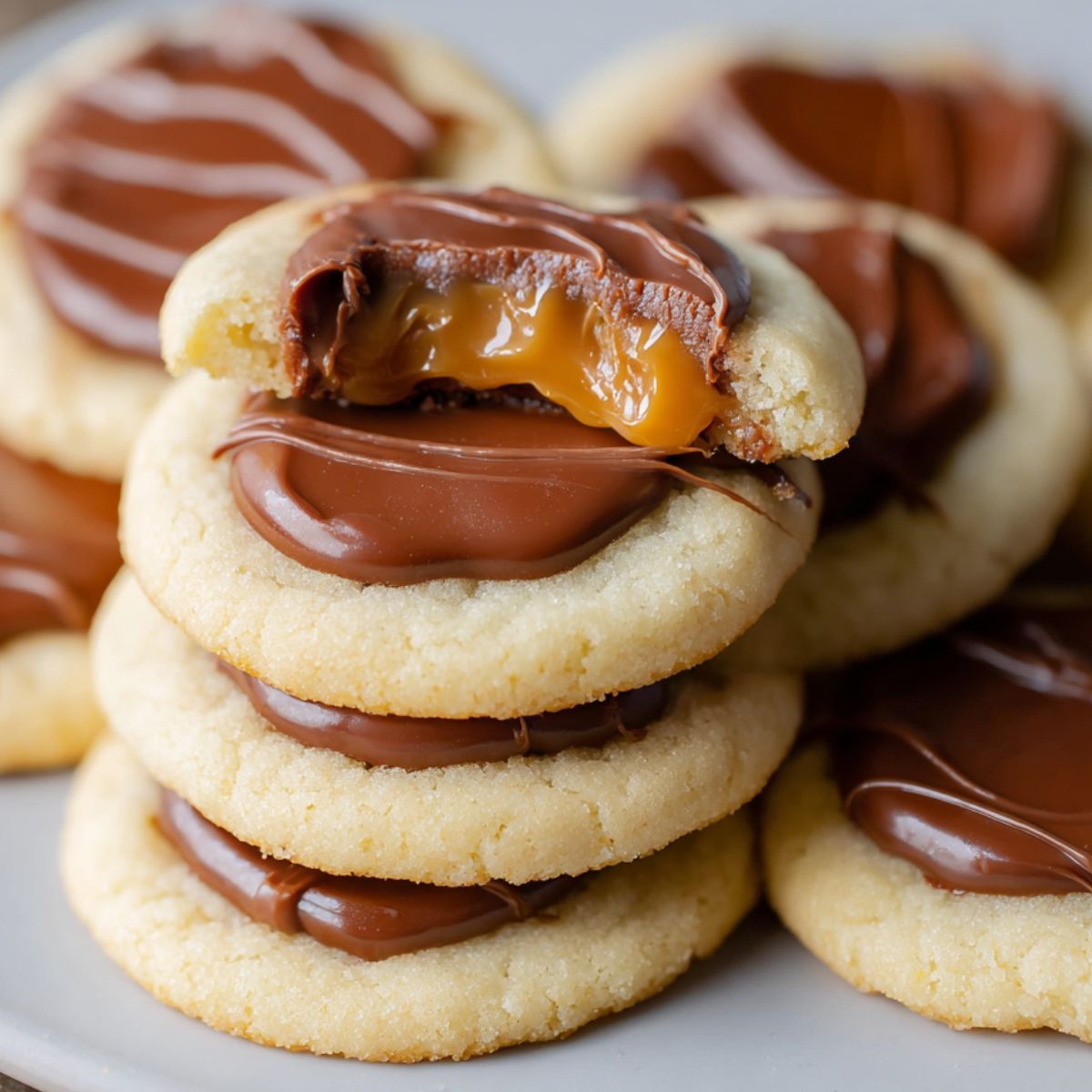 Twix Cookies topped with melted chocolate and gooey caramel, with one cookie showing a bite revealing soft shortbread, creamy chocolate, and dripping caramel.