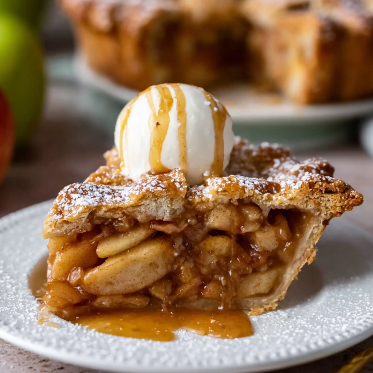 A slice of homemade vegan apple pie topped with vanilla ice cream and caramel sauce on a white plate dusted with powdered sugar.