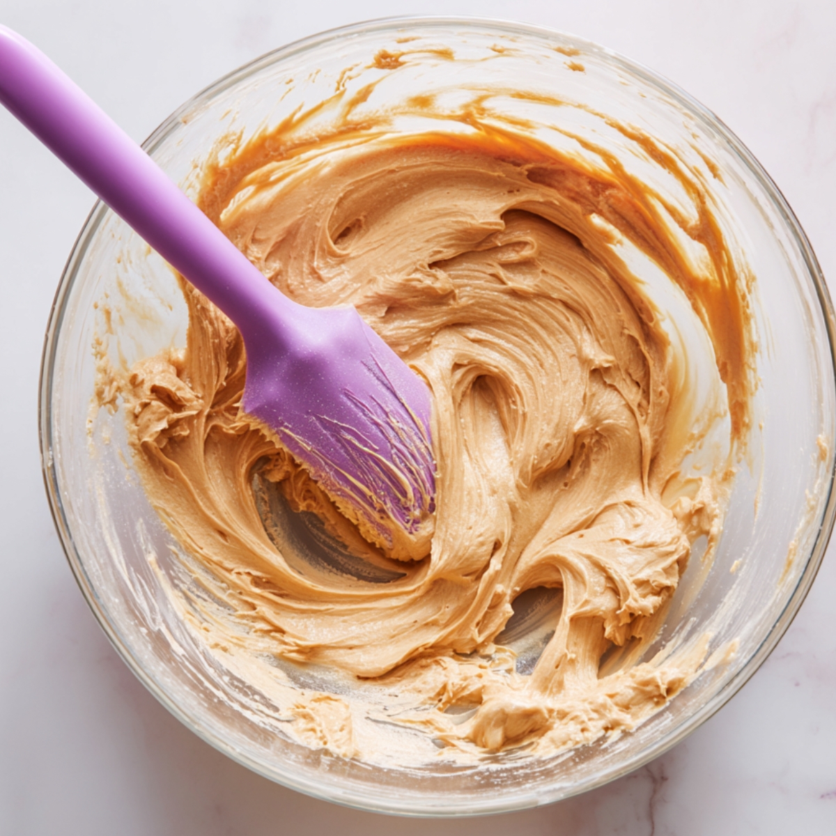 Creamy peanut butter pie filling being mixed in a glass bowl with a purple silicone spatula.