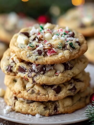 Winter Wonderland Chocolate Chip Christmas Cookies topped with crushed candy canes, chocolate chips, and white candy pieces, arranged on a ceramic plate with holiday decorations in the background.