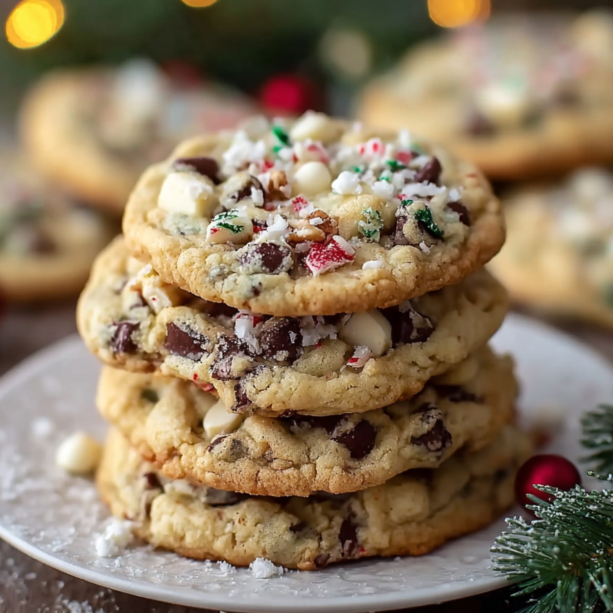 Winter Wonderland Chocolate Chip Christmas Cookies topped with crushed candy canes, chocolate chips, and white candy pieces, arranged on a ceramic plate with holiday decorations in the background.