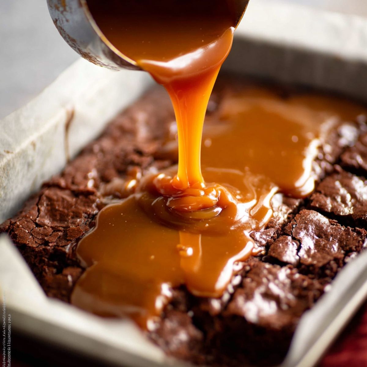 Let the caramel cool slightly so it's not scorching hot, then pour it over the warm brownies. Spread it evenly with a spatula. Sprinkle with coarse salt if you want that extra flavor contrast.