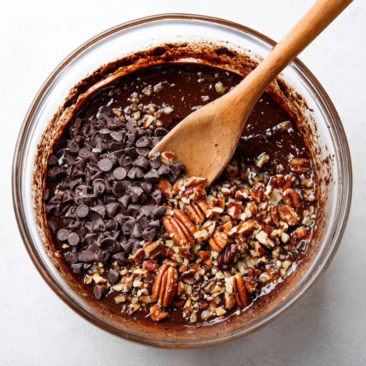 Fold in the cocoa powder, flour, salt, remaining chopped chocolate, pecans, and chocolate chips using a spatula or wooden spoon. The batter will be thick and fudgy.