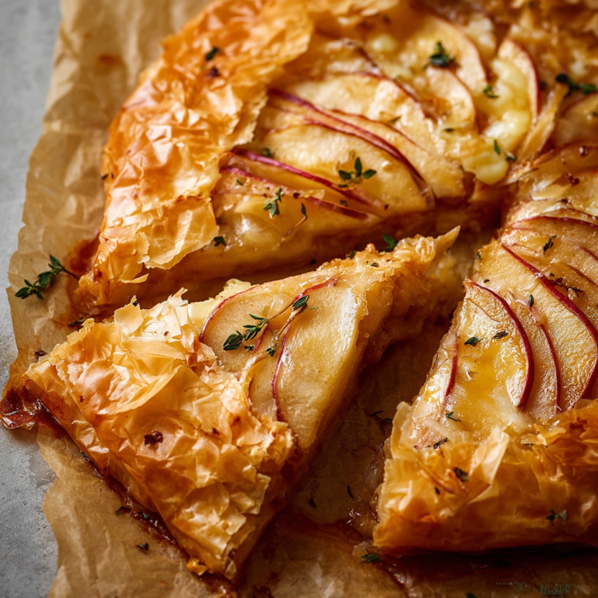7-Step Guide to Make an Apple Brie Phyllo Galette 14 Close-up of a homemade apple brie phyllo galette with golden, flaky pastry, thinly sliced apples, melted brie, and fresh thyme, with one slice pulled slightly away on parchment paper.