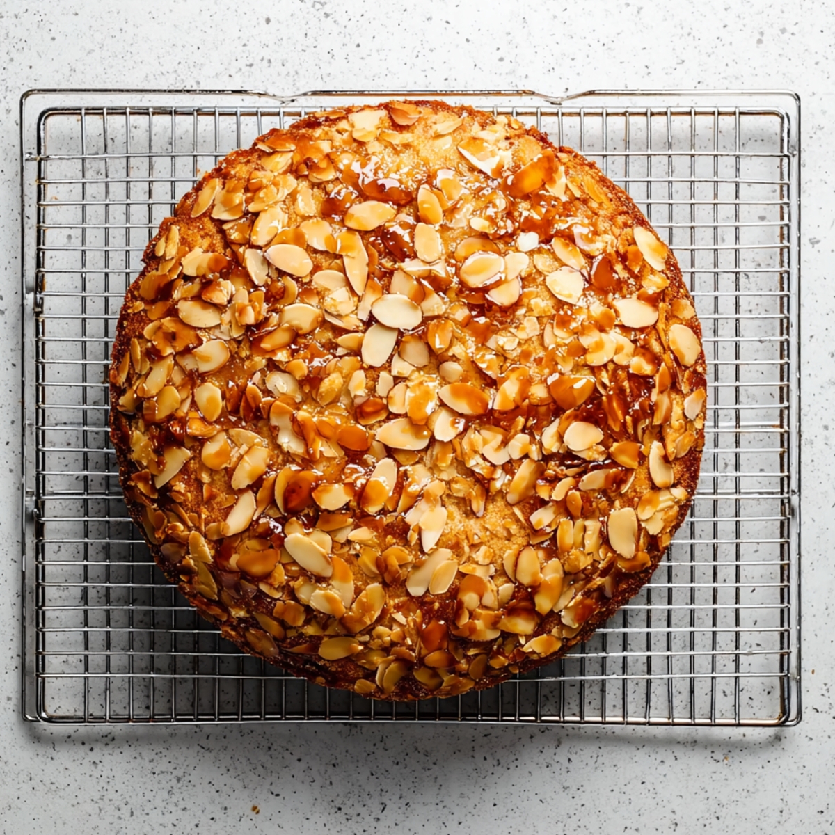 A freshly baked Bee Sting Cake topped with caramelized sliced almonds cools on a wire rack.