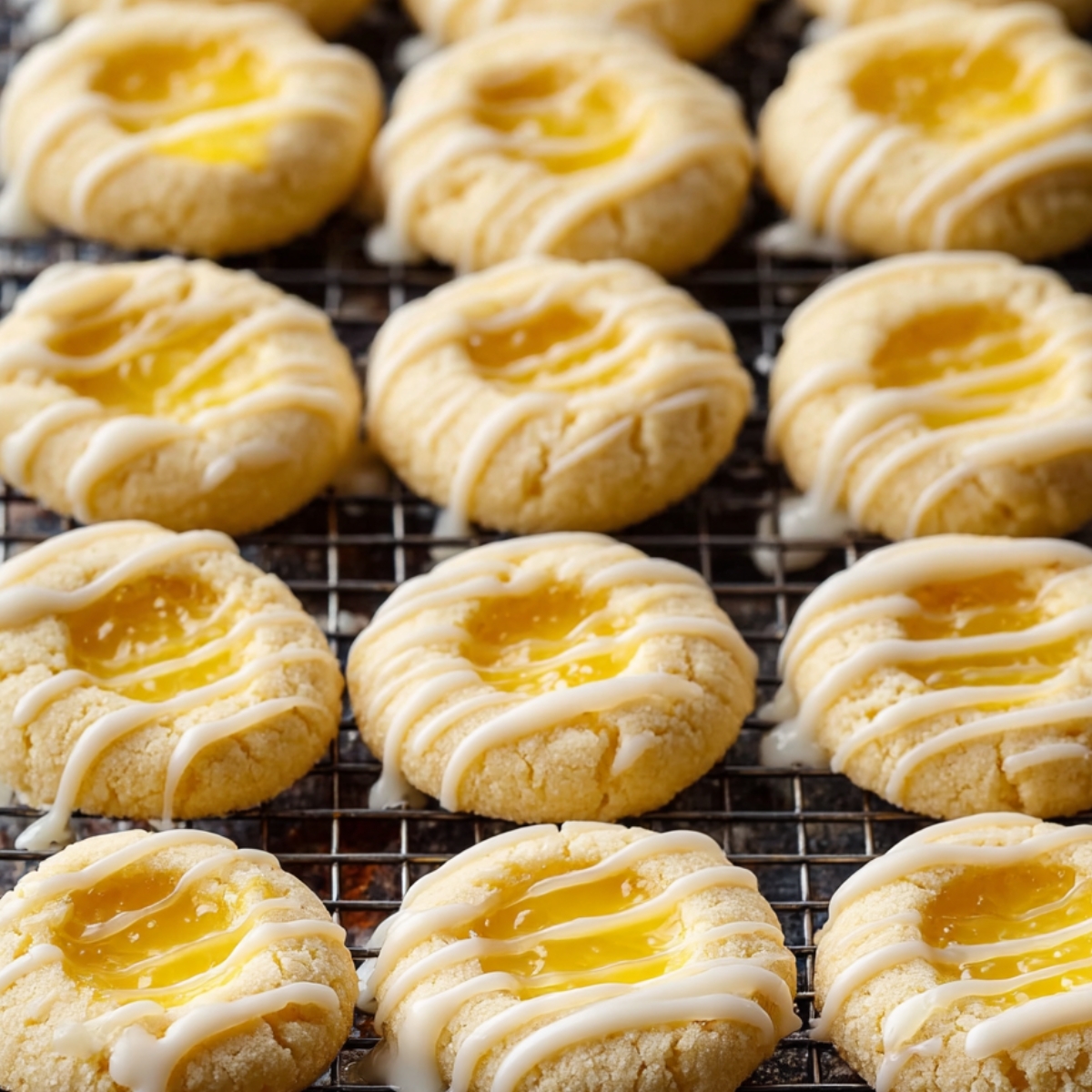 Easy Lemon Thumbprint Cookies | 7 Simple Steps 12 Freshly baked lemon thumbprint cookies with a lemon curd center and icing drizzle on a cooling rack.