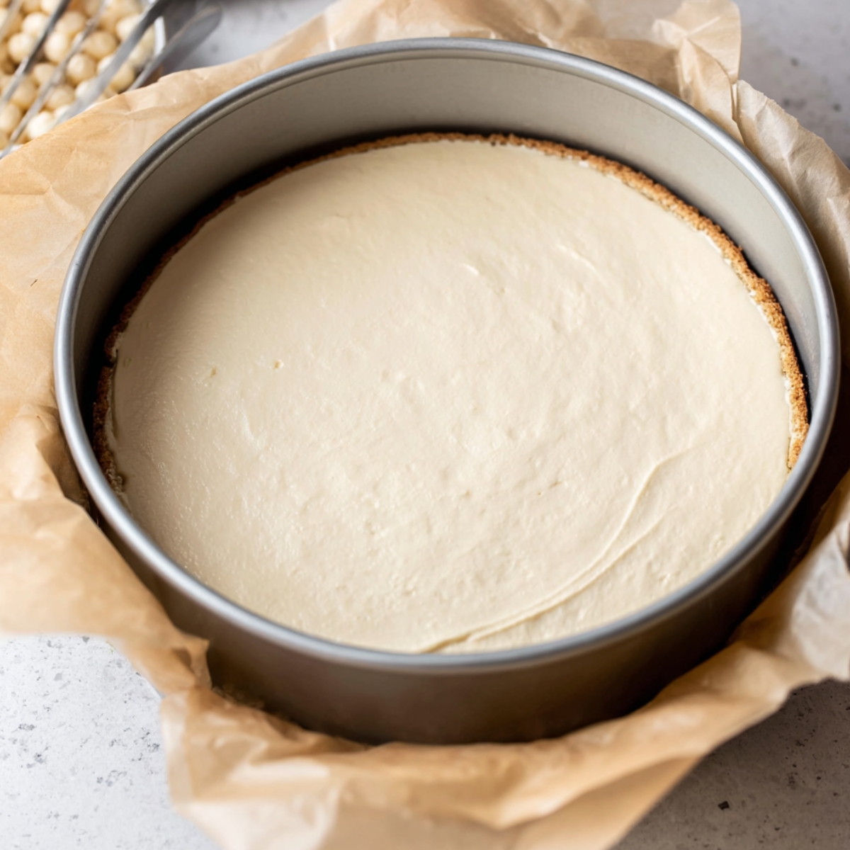 Sugar Cookie Cheesecake 11 Take about two-thirds of that dough and press it firmly into the bottom of your pan. Bake it for 22 minutes until the edges turn golden and it's no longer shiny in the center. Let it cool a bit while you work on the filling.