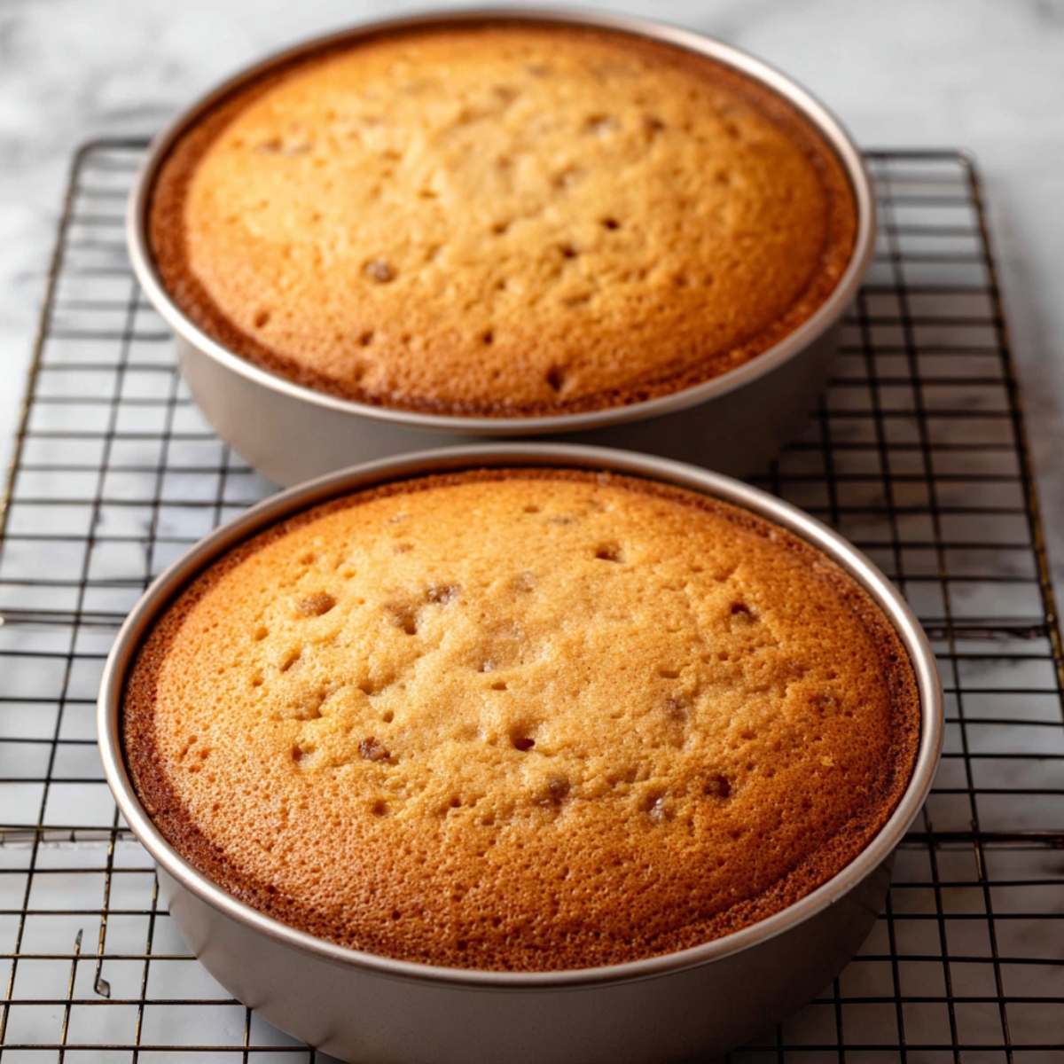 Bake at 350°F for 24 to 27 minutes, until the tops spring back when lightly pressed and a toothpick inserted into the center comes out clean. Let the cakes cool in the pans for 10 minutes, then carefully turn them out onto a wire rack to cool completely before frosting.