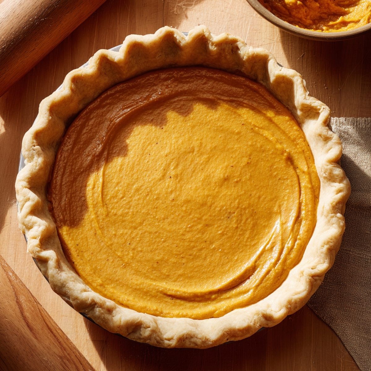A homemade pumpkin pie with smooth, freshly poured filling sitting in an unbaked crimped crust on a wooden countertop.