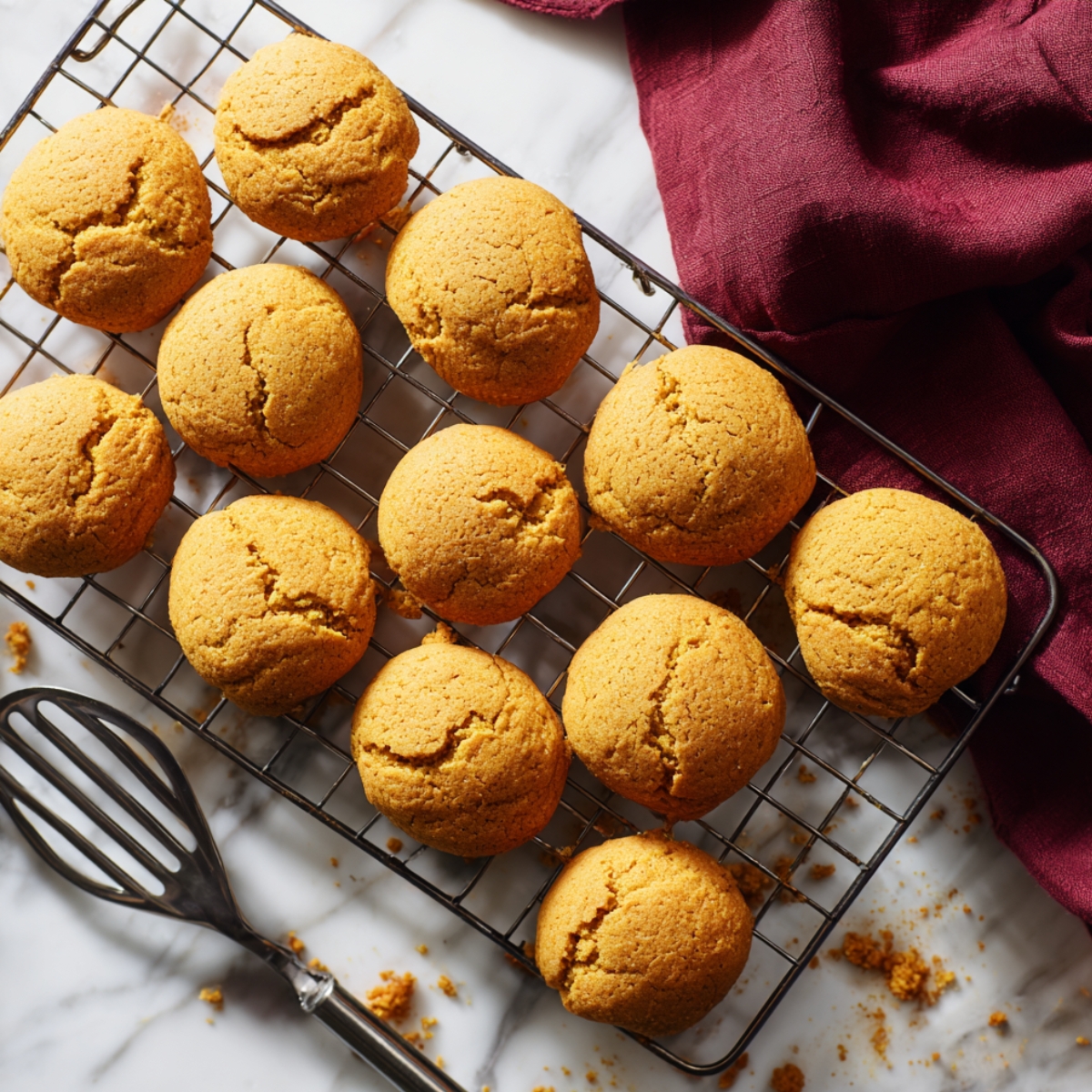 Freshly baked pumpkin cookies cooling on a wire rack, with crumbs scattered on a marble surface and a burgundy cloth beside them.