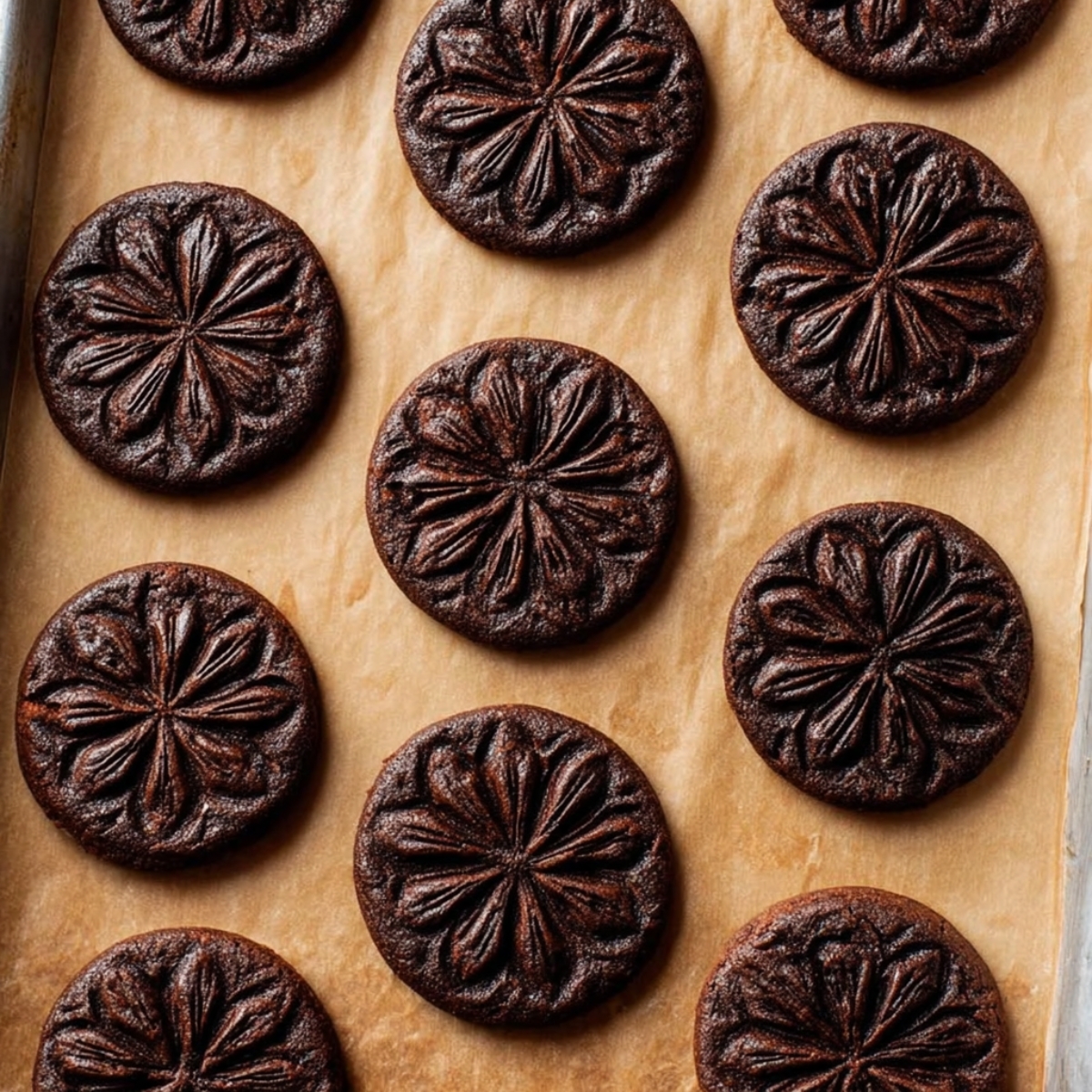 Stamped Chocolate Espresso Cookies 12 Bake the cookies until the edges are set, about 11 to 13 minutes. They might look slightly underdone in the center, but they'll firm up as they cool. Let them sit on the baking sheet for 5 minutes before transferring to a cooling rack to cool completely.