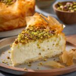 Slice of baklava cheesecake topped with pistachios and a crispy filo pastry crust, served on a plate.