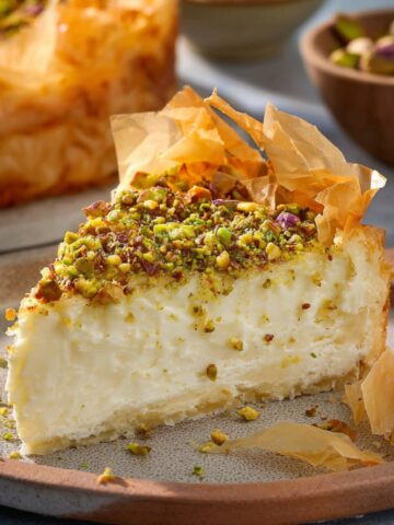 Easy Baklava Cheesecake Recipe (No Water Bath Required) 1 Slice of baklava cheesecake topped with pistachios and a crispy filo pastry crust, served on a plate.