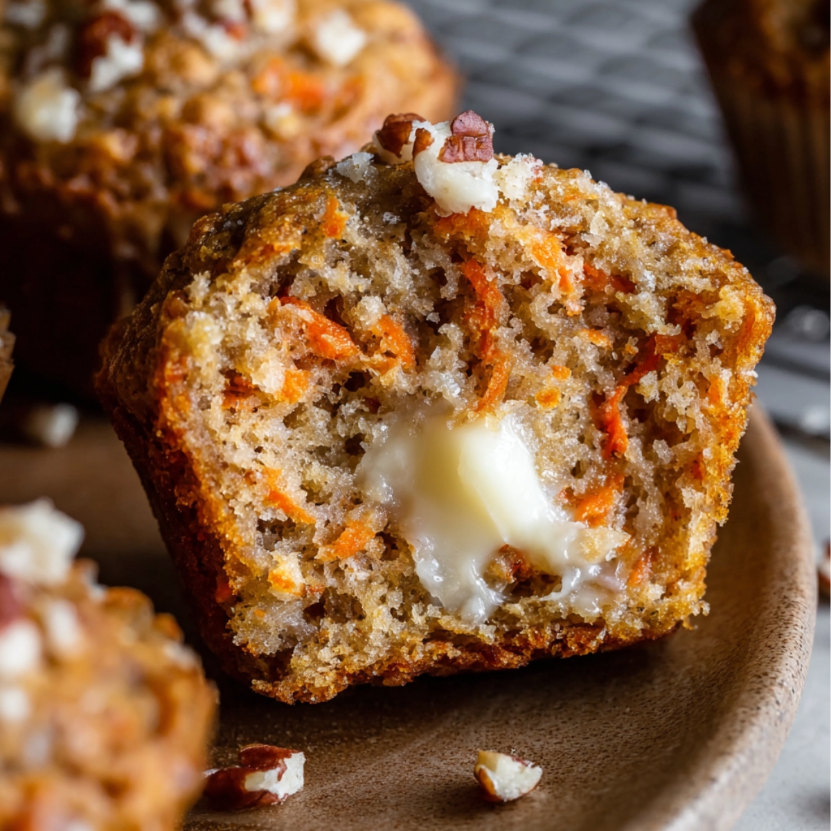 Banana Carrot Muffins with a moist, crumbly interior and a dollop of melted butter, topped with pecans.