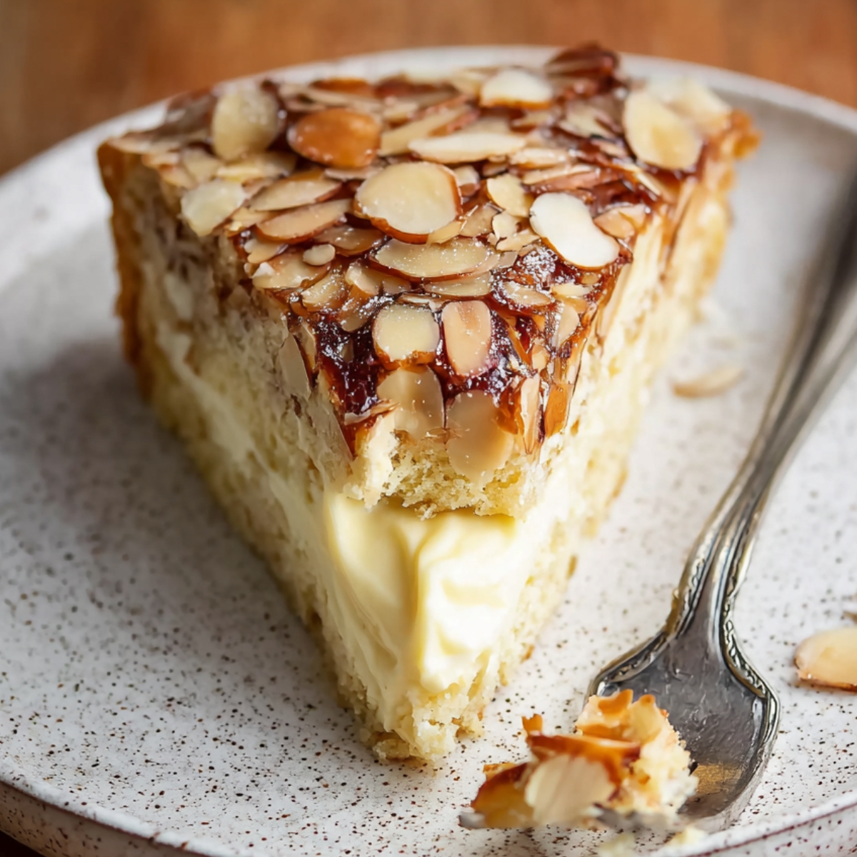 A homemade slice of Bee Sting Cake with creamy filling and a glossy caramelized almond topping sits on a speckled plate next to a fork.