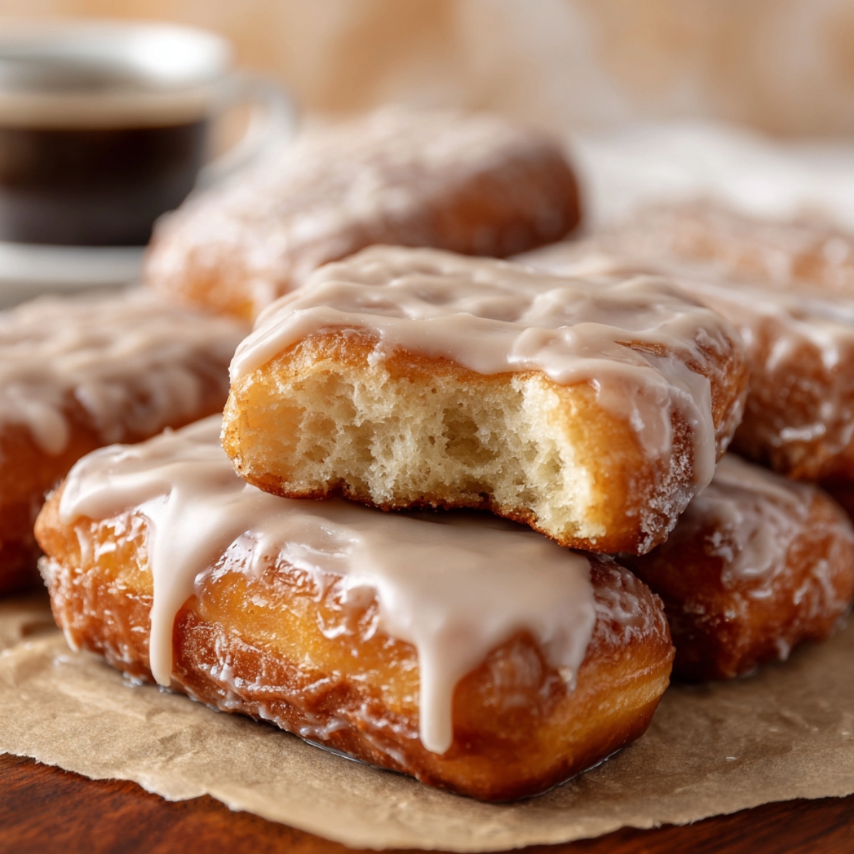 Best Maple Donut Bars Recipe stacked on parchment paper, with one showing a soft, airy bite taken out.