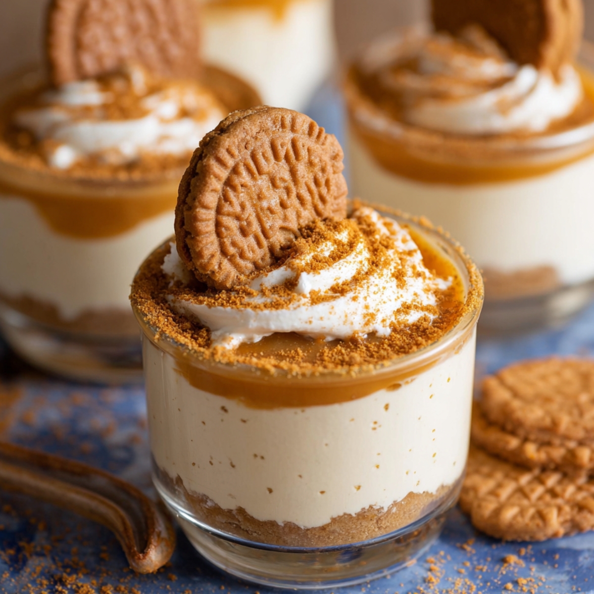 Delicious no-bake Biscoff cheesecake cups topped with caramel sauce, crushed Biscoff cookies, and a whole Biscoff biscuit.