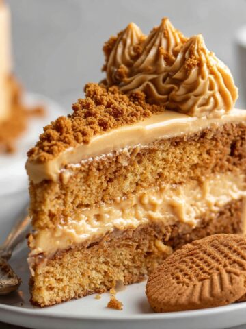 A slice of Biscoff Cookie Butter Cake with frosting, cookie crumbs, and whole cookies on a plate.