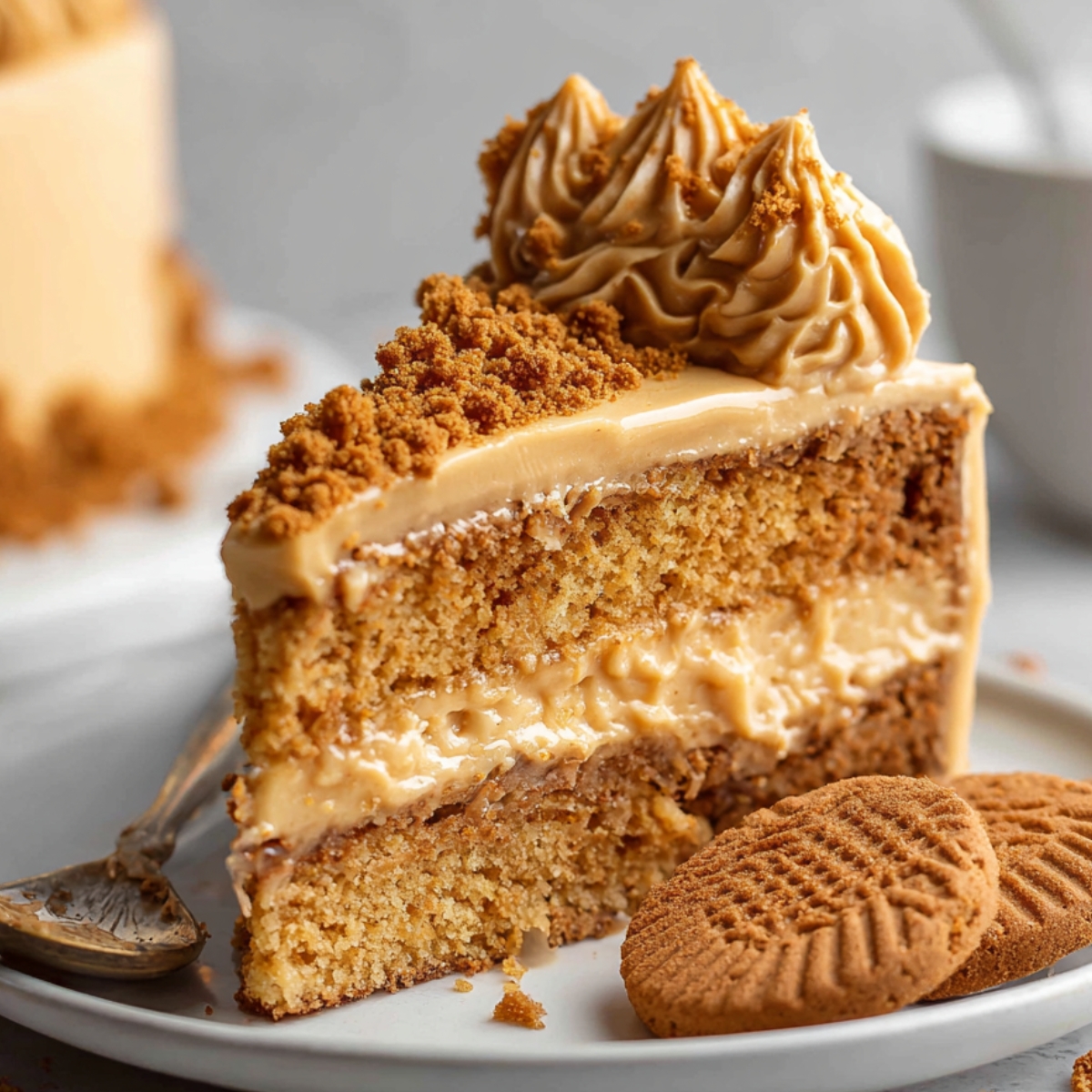 A slice of Biscoff Cookie Butter Cake with frosting, cookie crumbs, and whole cookies on a plate.