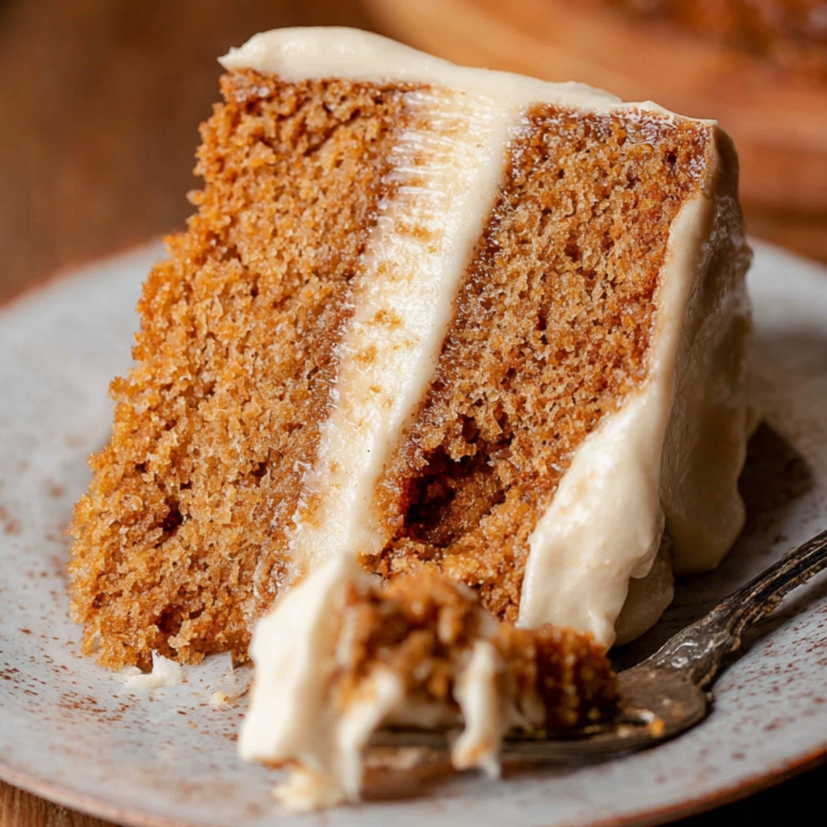 Brown Sugar Chai Cake Recipe with creamy frosting, with a bite taken out and a fork beside it.