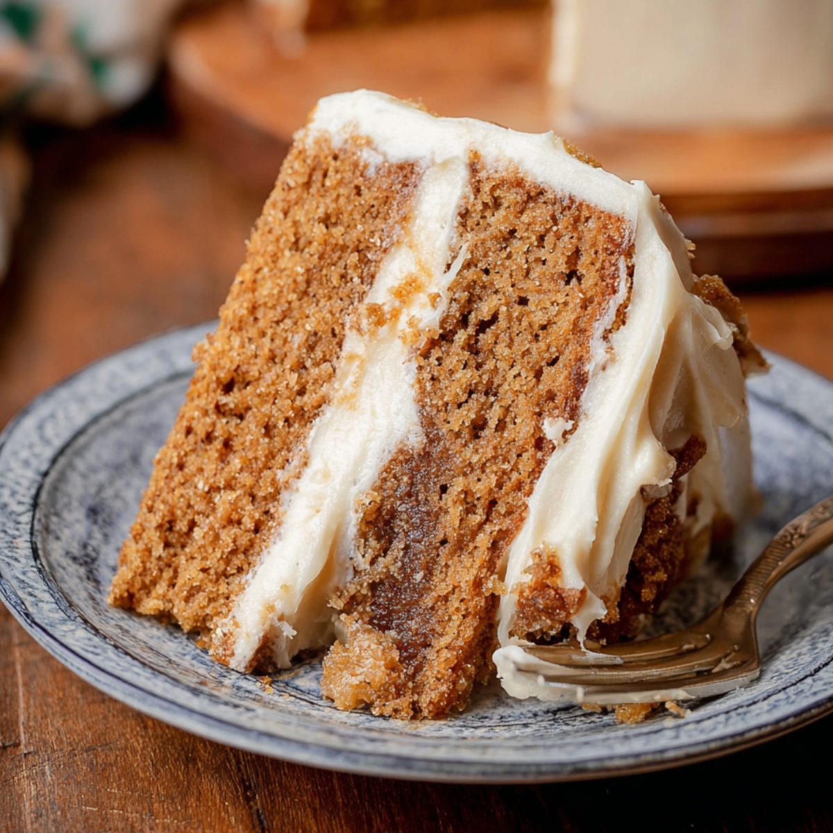 A slice of Brown Sugar Chai Cake with creamy frosting on a plate, with a fork resting beside it.